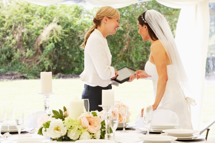 Bride consulting with her wedding planner before the reception